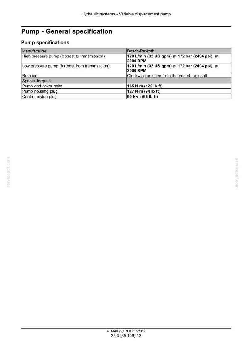 May include: A technical document detailing pump specifications for hydraulic systems. The document includes information on the manufacturer, flow rates, pressure, and special torques. Measurements are provided in both US customary and metric units.