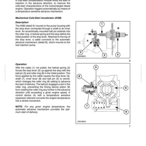 May include: Diagram of an engine component with labels and arrows. The text describes the cold-start compensation module and mechanical cold-start accelerator (KSB). Includes details on the stop lever, roller ring, and automatic advance mechanism.