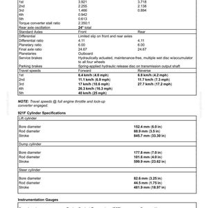 May include: A detailed specifications sheet for a 921F drivetrain with optional 5-speed transmission. Includes gear ratios, axle specifications, travel speeds in mph and km/h, and cylinder specifications with measurements in inches.