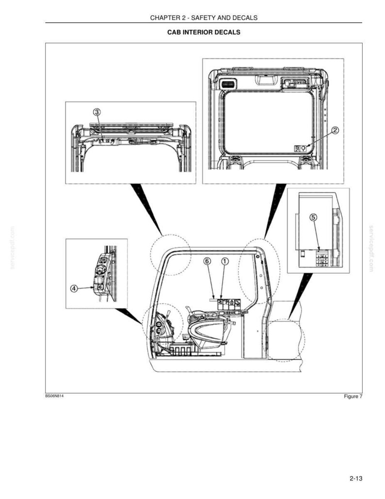 May include: Diagram of a vehicle cab interior, labeled with numbered circles. The image includes the text "CHAPTER 2 - SAFETY AND DECALS" and "CAB INTERIOR DECALS". The diagram is in black and white.