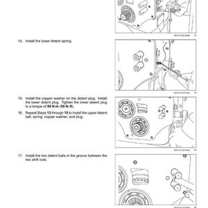 May include: Diagram of a power shuttle transmission, illustrating assembly steps. Includes instructions for installing detent balls, springs, and washers. Text includes torque specifications in lb ft. Technical drawing with detailed mechanical components.