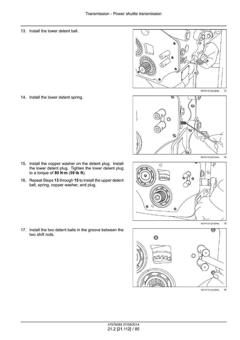 May include: Diagram of a power shuttle transmission, illustrating assembly steps. Includes instructions for installing detent balls, springs, and washers. Text includes torque specifications in lb ft. Technical drawing with detailed mechanical components.