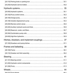 May include: A detailed technical document with a table of contents. The document lists various mechanical systems, including brakes, hydraulic systems, hitches, frames, steering, wheels, and track suspension. The document also includes page numbers.