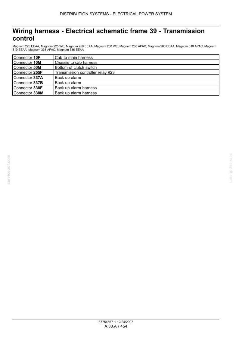 Op de afbeelding: Een technisch diagram met details van een kabelboom voor een elektrisch voedingssysteem. Het document bevat een tabel met connectoren en hun bijbehorende functies, zoals "Cabine naar hoofdkabelboom" en "Achteruitrijalarmkabelboom".