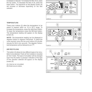 May include: Diagram of a car's climate control panel with buttons for ventilation, temperature, and air recycling. The display shows a temperature reading. Text includes instructions for use and temperature range.