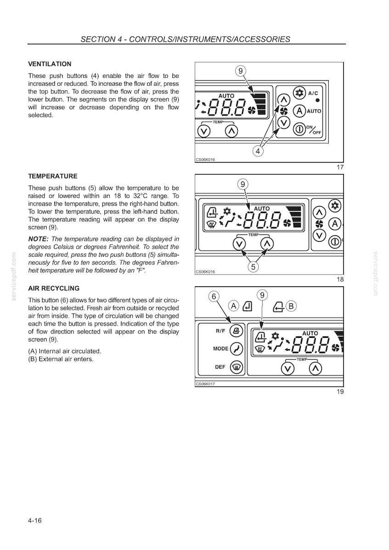 May include: Diagram of a car's climate control panel with buttons for ventilation, temperature, and air recycling. The display shows a temperature reading. Text includes instructions for use and temperature range.
