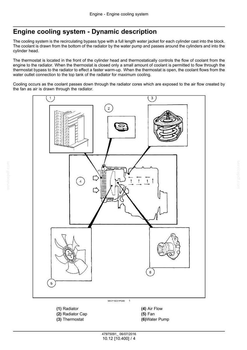 May include: Diagram of an engine cooling system, including a radiator, radiator cap, thermostat, air flow, fan, and water pump. The text describes the system's function and components.