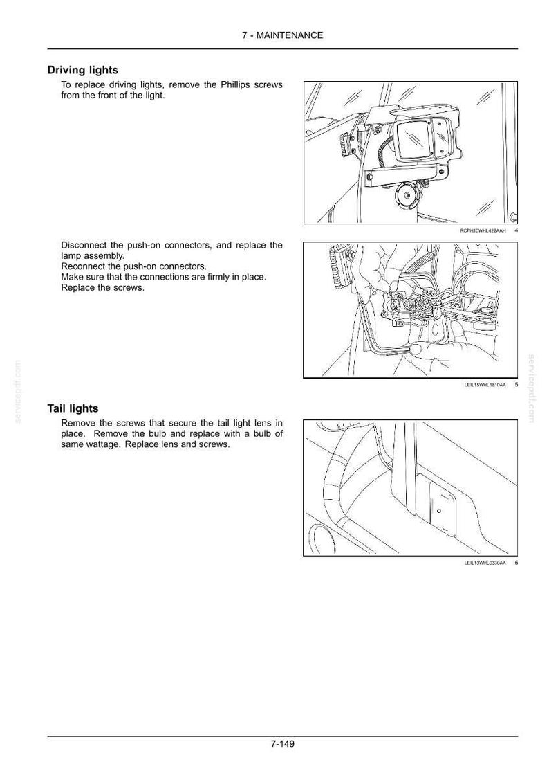 May include: A technical manual page titled 7-MAINTENANCE featuring black and white line drawings and instructions for replacing driving lights and tail lights. The text details removing Phillips screws, disconnecting push-on connectors, and replacing bulbs.