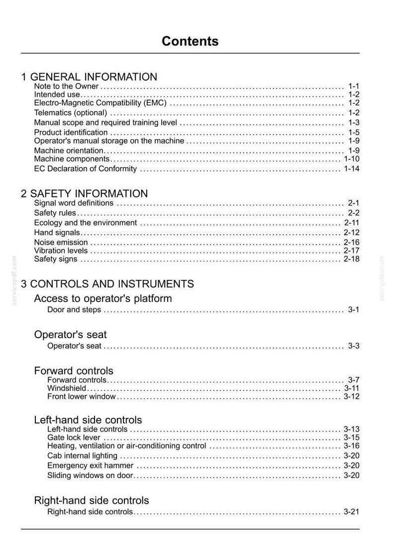May include: A white document page with the title "Contents" at the top. The document is a table of contents for a manual, with numbered sections and subheadings. The text is black and the page is white.