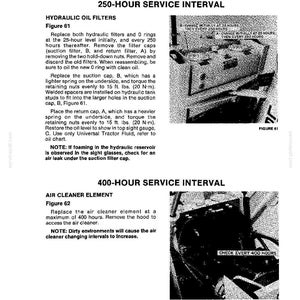 May include: A technical manual page titled LUBRICATION 250-HOUR SERVICE INTERVAL and 400-HOUR SERVICE INTERVAL. It includes instructions for replacing hydraulic oil filters and air cleaner elements, featuring two black and white diagrams.