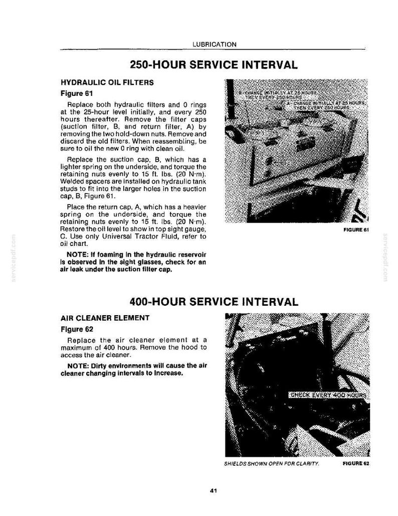 May include: A technical manual page titled LUBRICATION 250-HOUR SERVICE INTERVAL and 400-HOUR SERVICE INTERVAL. It includes instructions for replacing hydraulic oil filters and air cleaner elements, featuring two black and white diagrams.