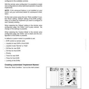 Op de afbeelding: Een pagina uit een technisch handboek getiteld 6-WORKING OPERATIONS met details over de instellingen voor EHR-werktuigbediening. Het bevat instructies voor het configureren van regelventielen, een lijst met instelbare parameters en een afbeelding van een scherminterface met het pictogram Work Condition.