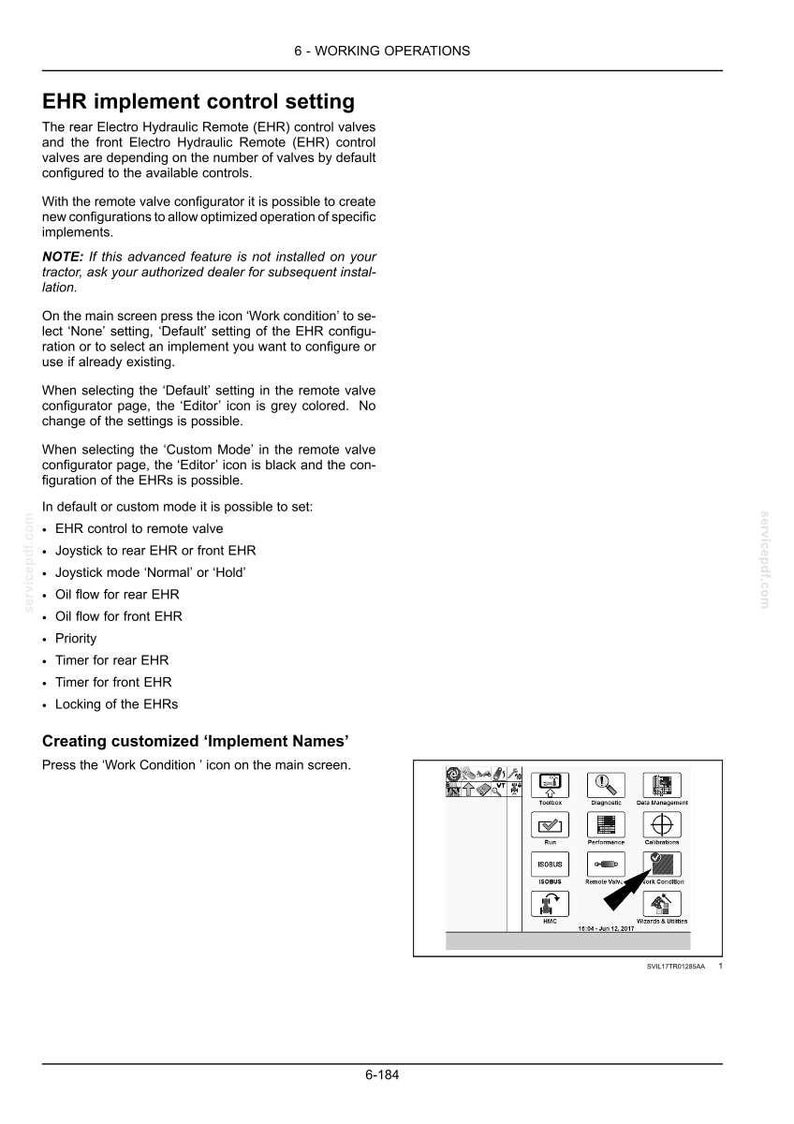 Op de afbeelding: Een pagina uit een technisch handboek getiteld 6-WORKING OPERATIONS met details over de instellingen voor EHR-werktuigbediening. Het bevat instructies voor het configureren van regelventielen, een lijst met instelbare parameters en een afbeelding van een scherminterface met het pictogram Work Condition.