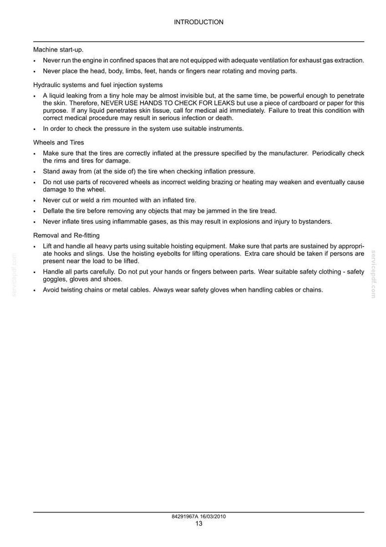 May include: A technical document page titled INTRODUCTION containing safety guidelines for machine start-up, hydraulic systems, fuel injection, wheels, tires, and removal and re-fitting of parts, with the document number 84291967A dated 16/03/2010 at the bottom.