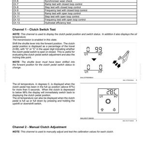 May include: A technical document with a table listing electrical system tests, including clutch and synchronizer tests. The document also shows readings for clutch switch tests and oil temperature in degrees Celsius.