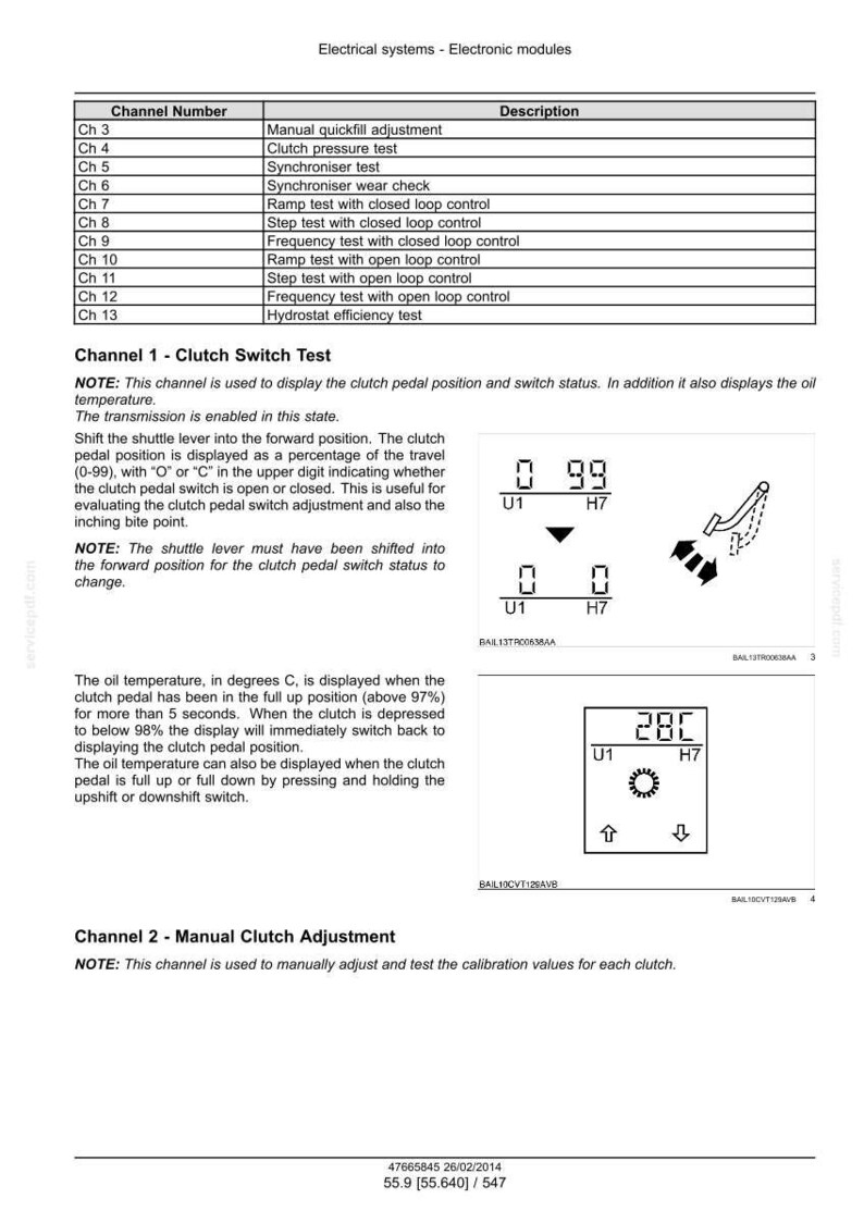 May include: A technical document with a table listing electrical system tests, including clutch and synchronizer tests. The document also shows readings for clutch switch tests and oil temperature in degrees Celsius.