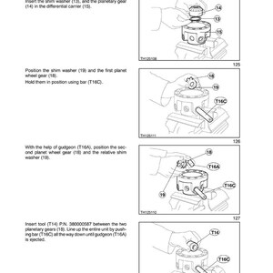 May include: Diagram of front axle assembly instructions. Step-by-step illustrations show the insertion of parts like shim washers, planetary gears, and tools. Text includes part numbers and assembly steps. Section 25 - Front Axle is at the top.