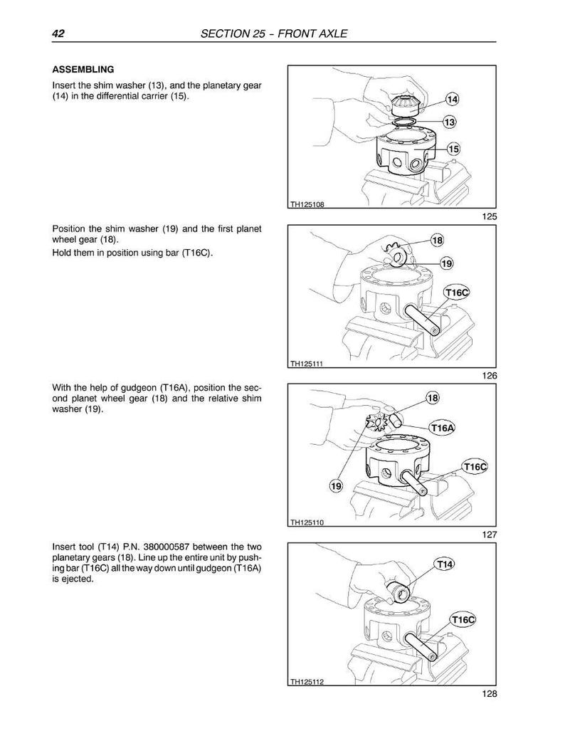 May include: Diagram of front axle assembly instructions. Step-by-step illustrations show the insertion of parts like shim washers, planetary gears, and tools. Text includes part numbers and assembly steps. Section 25 - Front Axle is at the top.