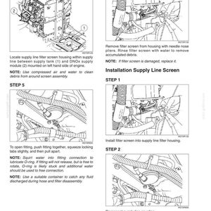 May include: A technical service manual page titled 3002-38 containing six black and white line drawings illustrating steps for cleaning and installing a supply line filter screen on an engine, including text instructions for each numbered step.