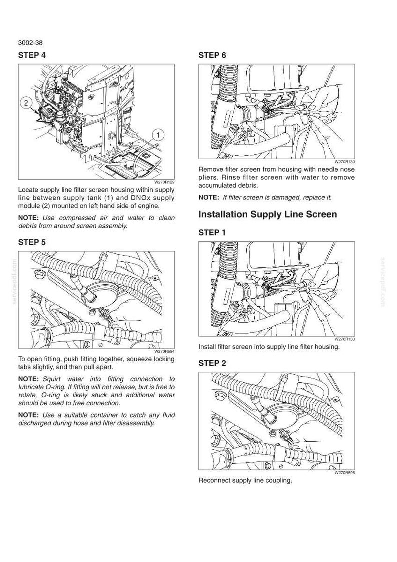 May include: A technical service manual page titled 3002-38 containing six black and white line drawings illustrating steps for cleaning and installing a supply line filter screen on an engine, including text instructions for each numbered step.
