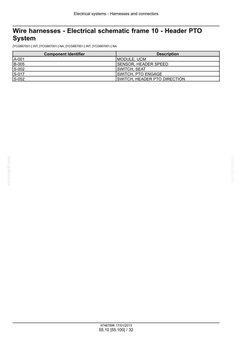 May include: Diagram of electrical systems, specifically wire harnesses. The document includes a table with component identifiers and descriptions, such as "MODULE, UCM" and "SENSOR, HEADER SPEED". The document is labeled "Electrical schematic frame 10 - Header PTO System."