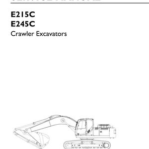 May include: A service manual for E215C and E245C Crawler Excavators. The cover features a line drawing of an excavator. The text "SERVICE MANUAL" is at the top. The New Holland Construction logo is at the bottom right.