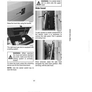 May include: A page from a manual detailing electric motor hoods. The page includes diagrams and instructions for the upper and side hoods, with warnings about safety and locking systems. Text includes "CONTROLS/INSTRUMENTS/ACCESSORIES" and "ELECTRIC MOTOR HOODS."