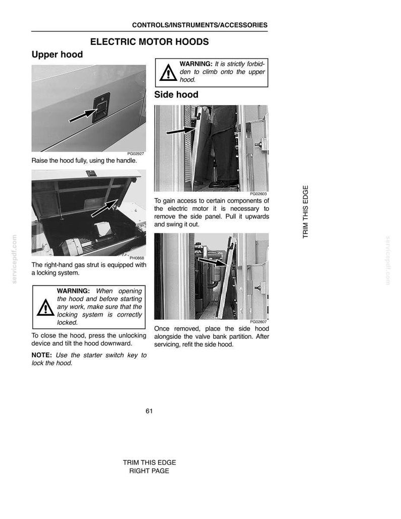 May include: A page from a manual detailing electric motor hoods. The page includes diagrams and instructions for the upper and side hoods, with warnings about safety and locking systems. Text includes "CONTROLS/INSTRUMENTS/ACCESSORIES" and "ELECTRIC MOTOR HOODS."