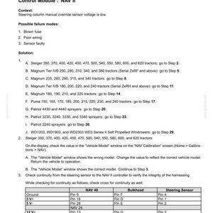 May include: A technical document detailing the NAV-170 electrical systems for precision farming, focusing on the steering column manual override sensor. Includes troubleshooting steps, diagrams, and pin configurations for NAV 40, Bulkhead, and Steering Sensor.