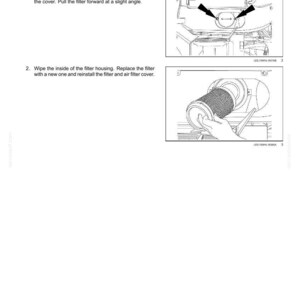 Puede incluir: Diagrama de las instrucciones de mantenimiento del filtro de aire de la cabina. La imagen muestra c&oacute;mo quitar la cubierta del filtro de aire de la cabina y reemplazar el filtro. El texto dice "7 - MAINTENANCE" y "Cab air filter".