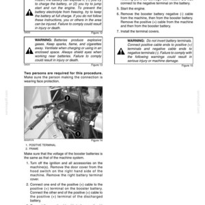 May include: A page from a manual detailing booster battery connection to a machine. The page includes warnings about battery safety, diagrams, and numbered instructions for connecting cables. The text is in black font on a white background.