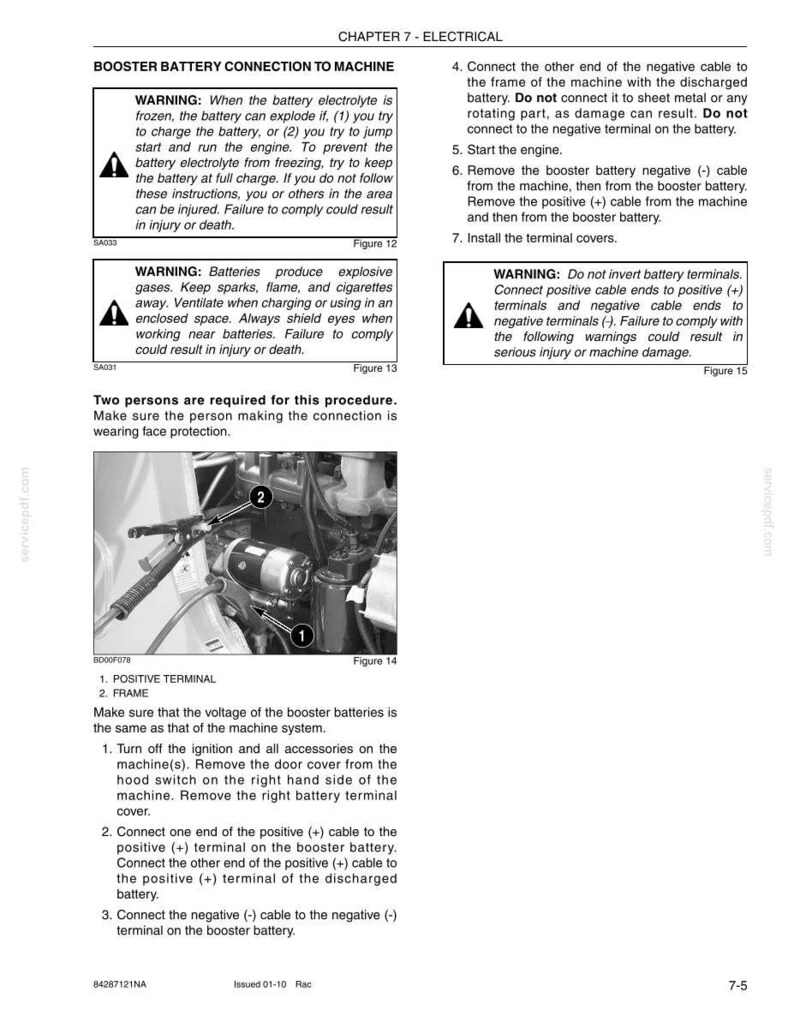 May include: A page from a manual detailing booster battery connection to a machine. The page includes warnings about battery safety, diagrams, and numbered instructions for connecting cables. The text is in black font on a white background.