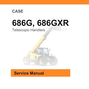 May include: A white background with the word "CASE" at the top. Below, the text reads "686G, 686GXR" and "Telescopic Handlers". An orange rectangle at the bottom says "Service Manual". A yellow telescopic handler is in the background.