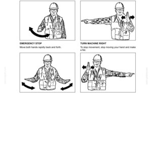 May include: A service manual page with illustrations demonstrating hand signals. The top left image shows a person signaling "STOP". The top right image shows "TURN MACHINE LEFT". The bottom left image shows "EMERGENCY STOP". The bottom right image shows "TURN MACHINE RIGHT".
