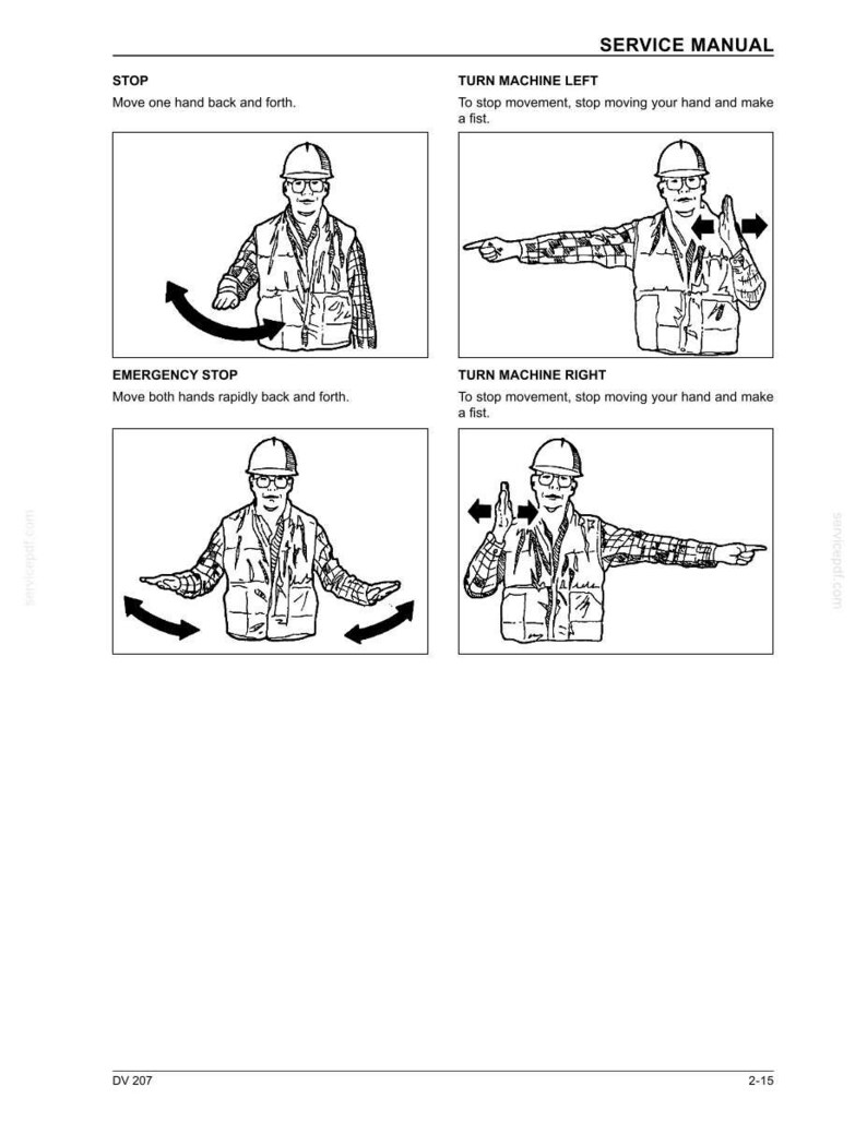 May include: A service manual page with illustrations demonstrating hand signals. The top left image shows a person signaling "STOP". The top right image shows "TURN MACHINE LEFT". The bottom left image shows "EMERGENCY STOP". The bottom right image shows "TURN MACHINE RIGHT".