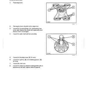 May include: Diagram of a front axle visual inspection, with labels and numbered parts. Text includes "FRONT AXLE - Visual inspection (D.10.A - F.40.A.10)" and instructions for inspection of various components.