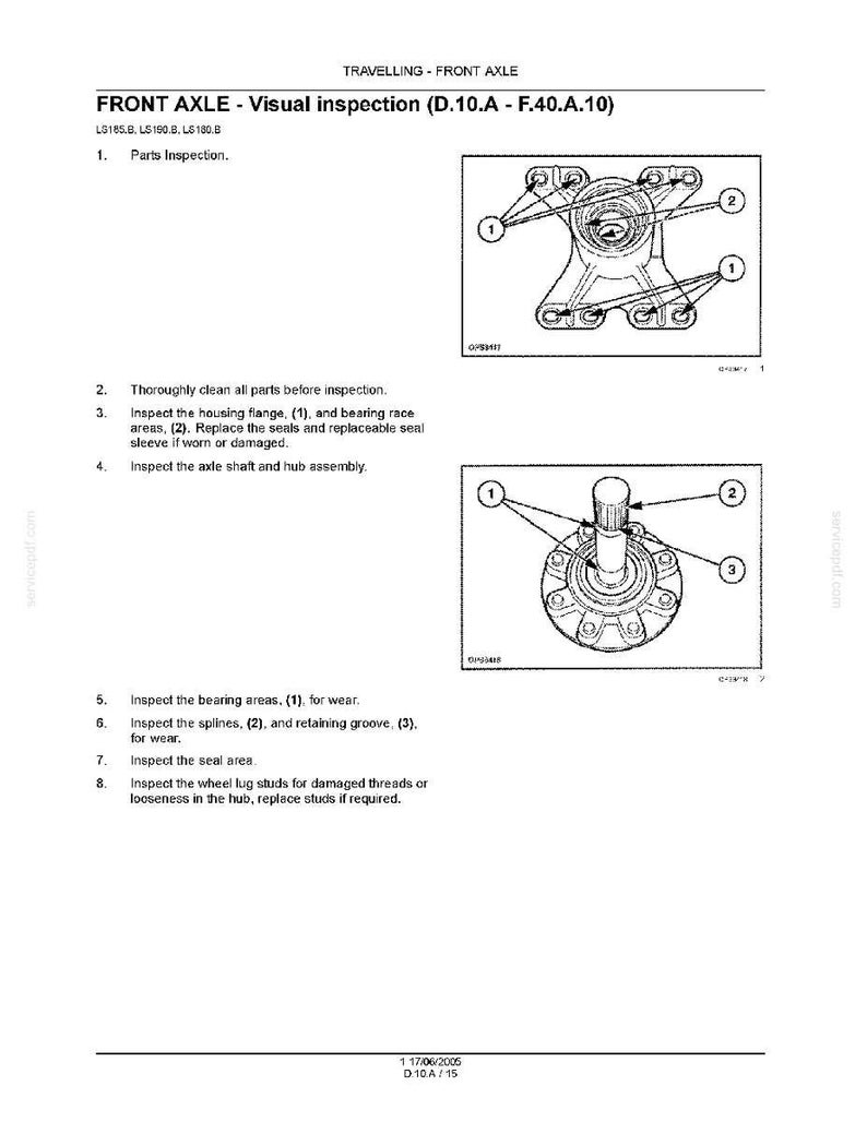 May include: Diagram of a front axle visual inspection, with labels and numbered parts. Text includes "FRONT AXLE - Visual inspection (D.10.A - F.40.A.10)" and instructions for inspection of various components.