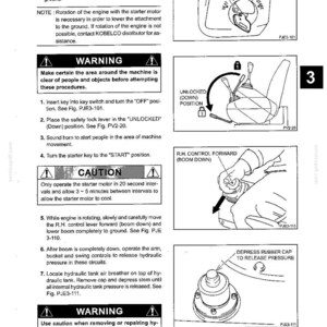Op de afbeelding: Een pagina uit een technisch handboek getiteld BASIC MACHINE OPERATION met procedures voor het neerlaten van een machinearm en giek. Het bevat tekstuele instructies, veiligheidswaarschuwingen en drie diagrammen van schakelaars en ventielen.
