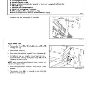 May include: Diagram of a draper belt removal procedure, with detailed instructions and labeled parts. Includes safety warnings and step-by-step guidance for maintenance. The image is a technical illustration with text and line drawings.