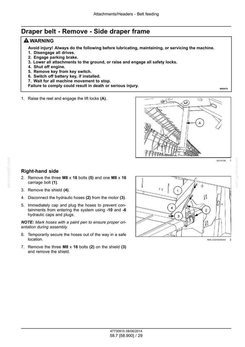 May include: Diagram of a draper belt removal procedure, with detailed instructions and labeled parts. Includes safety warnings and step-by-step guidance for maintenance. The image is a technical illustration with text and line drawings.