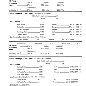 May include: A black and white document titled "FLOWMETER CHECK SHEET 980B - EXCAVATOR" with fields for testing pump efficiency and circuit leakage. The sheet includes sections for valve testing and flow settings.