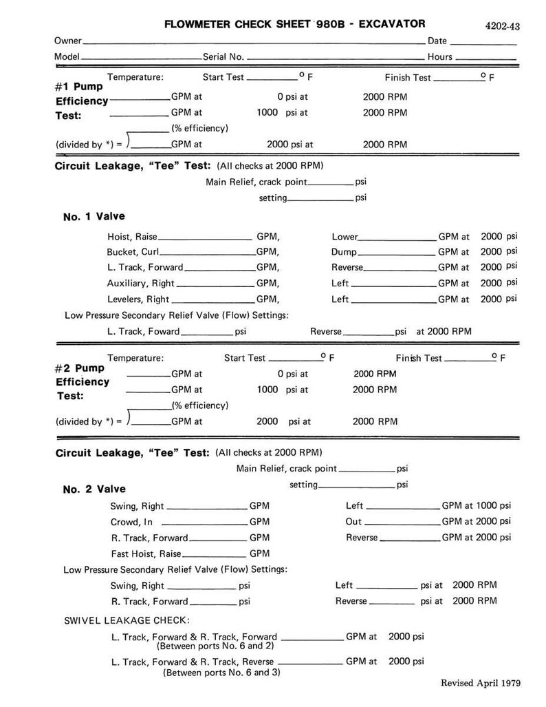 May include: A black and white document titled "FLOWMETER CHECK SHEET 980B - EXCAVATOR" with fields for testing pump efficiency and circuit leakage. The sheet includes sections for valve testing and flow settings.