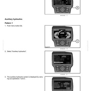 May include: Diagram showing a machine control panel with various screens displaying operational data. The screens show information such as engine performance, auxiliary hydraulics, and menu options. The text includes instructions and labels for navigation.