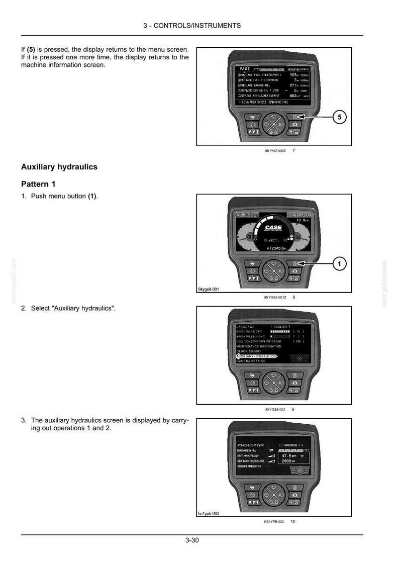 May include: Diagram showing a machine control panel with various screens displaying operational data. The screens show information such as engine performance, auxiliary hydraulics, and menu options. The text includes instructions and labels for navigation.