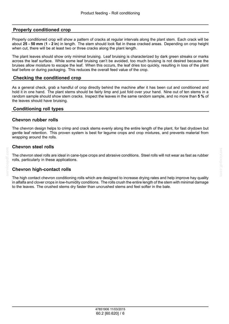May include: Informative document detailing crop conditioning. Text explains proper conditioning, checking methods, and different roll types: Chevron rubber, steel, and high-contact rolls. Includes measurements in inches and a date.