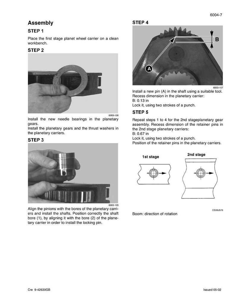 May include: Diagram illustrating a mechanical assembly process with sequential instructions. It features images of components, measurements in inches (converted to cm), and text. The diagram is for a planetary gear assembly.