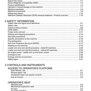 May include: A white document titled "Contents" with a list of topics including "General Information", "Safety Information", and "Controls and Instruments". The document is a manual for a machine.