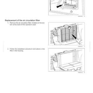 May include: Diagram illustrating the replacement of an air circulation filter. The steps include removing the old filter, and installing a new one. The text reads "Replacement of the air circulation filter".