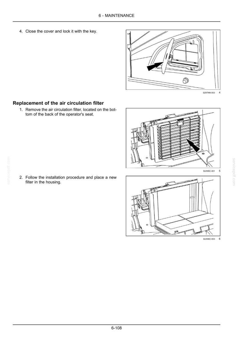 May include: Diagram illustrating the replacement of an air circulation filter. The steps include removing the old filter, and installing a new one. The text reads "Replacement of the air circulation filter".