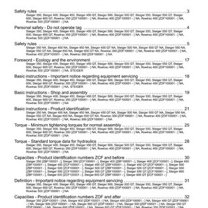 May include: A document page titled "Contents" with an "Introduction" section. The page lists various topics including safety rules, product identification, and torque data. The document references Steiger and Rowtrac models.